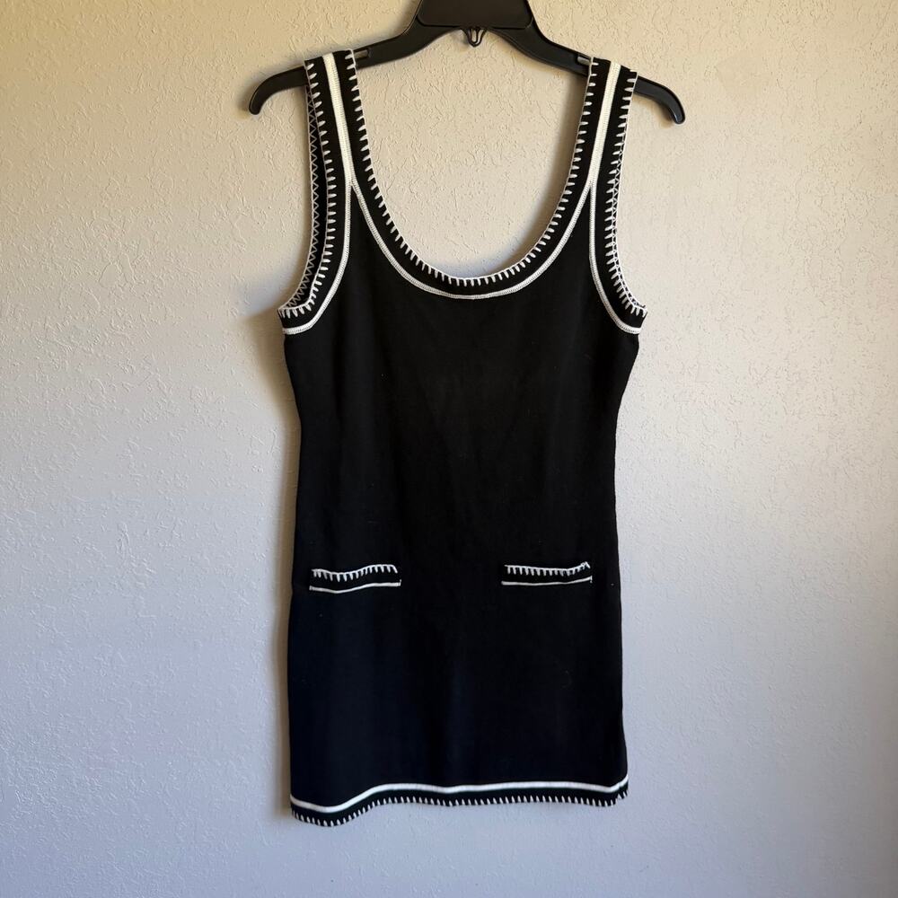Lena Black White Contrast Stitch Edging Pockets Mini Sweater Dress Womens L
